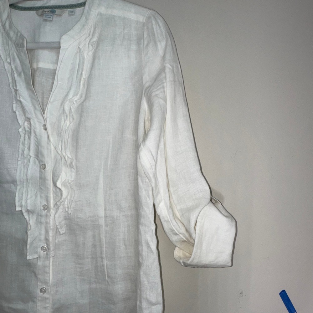 Boden White 100% Linen Ruffle Front Roll Tab Sleeve Blouse Womens US 6 UK 10 - Picture 9 of 14